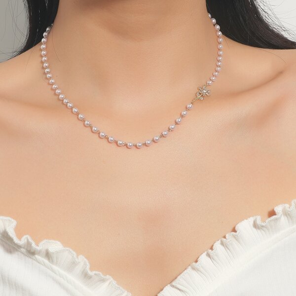

Flower & Faux Pearl Decor Necklace, Gold