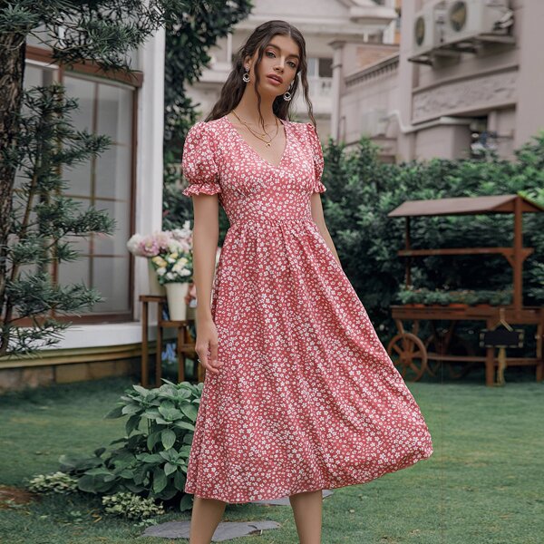 

Ditsy Floral Flounce Sleeve A-line Dress, Dusty pink