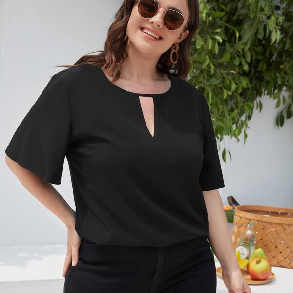 

Plus Solid Peekaboo Blouse, Black