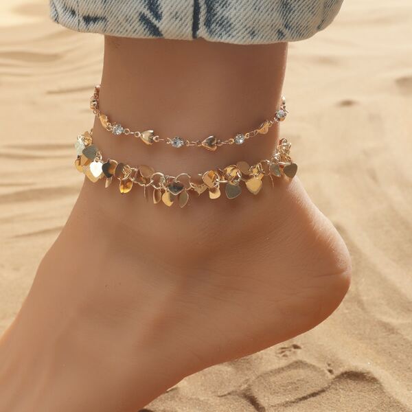 

2pcs Heart Detail Anklet, Gold