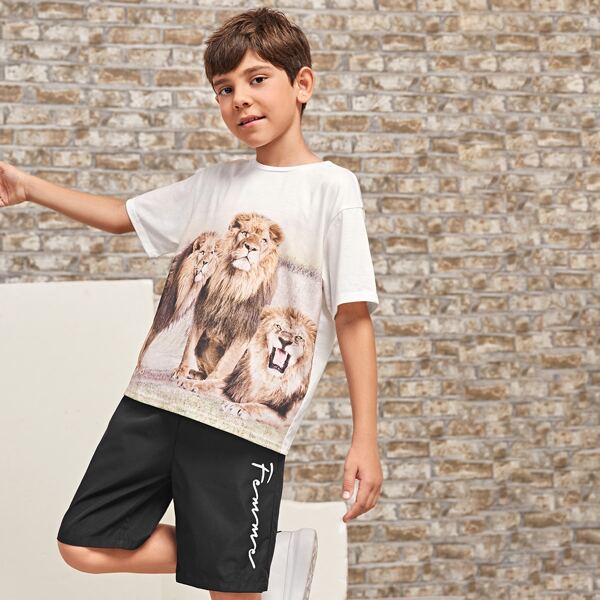 

Boys Lion Print Drop Shoulder Top & Shorts Set, Black and white