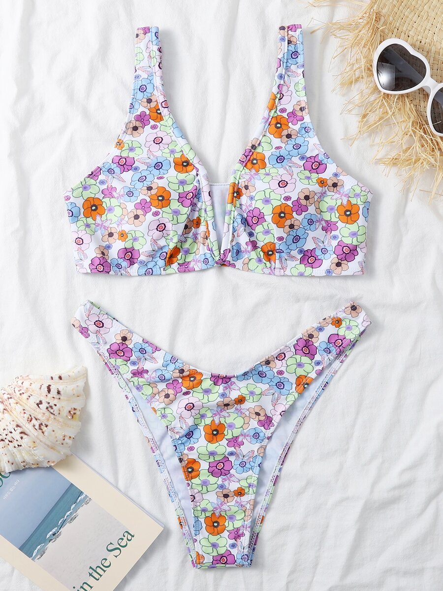 Floral V Wired Bikini For Summer Beach Vacation - Multicolor - View 1