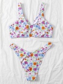 Floral V Wired Bikini For Summer Beach Vacation - Multicolor - View 2