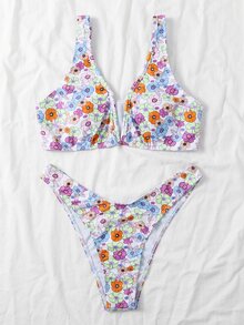 Floral V Wired Bikini For Summer Beach Vacation - Multicolor - View 3