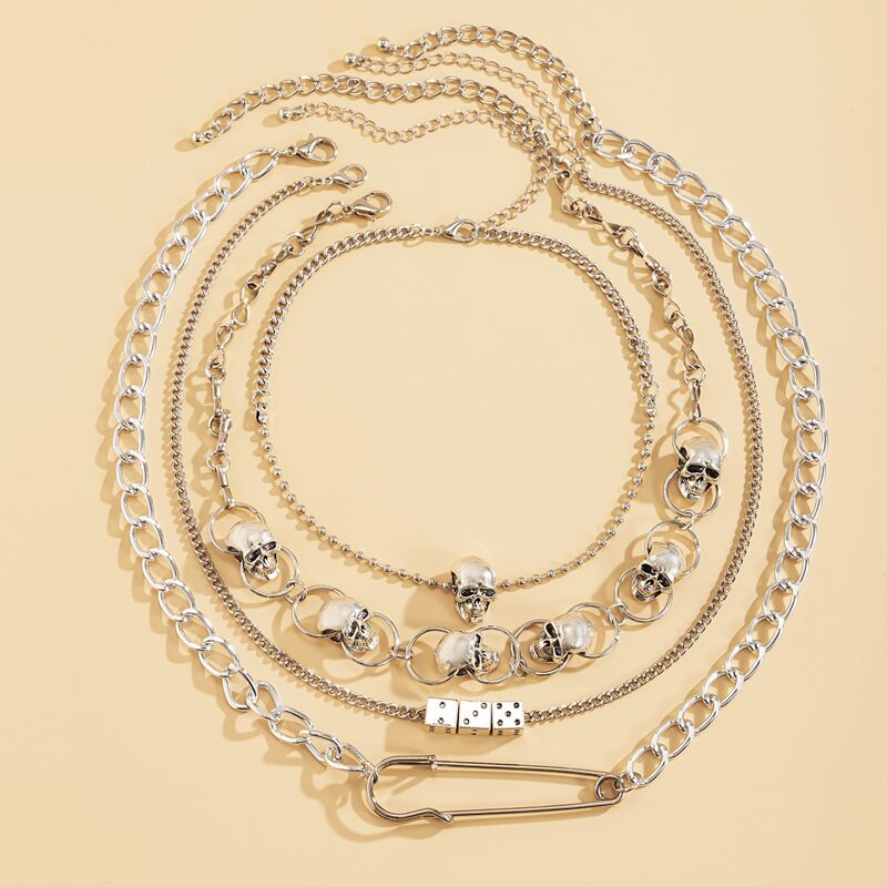 

4pcs Dice & Skull Chain Necklace, Silver