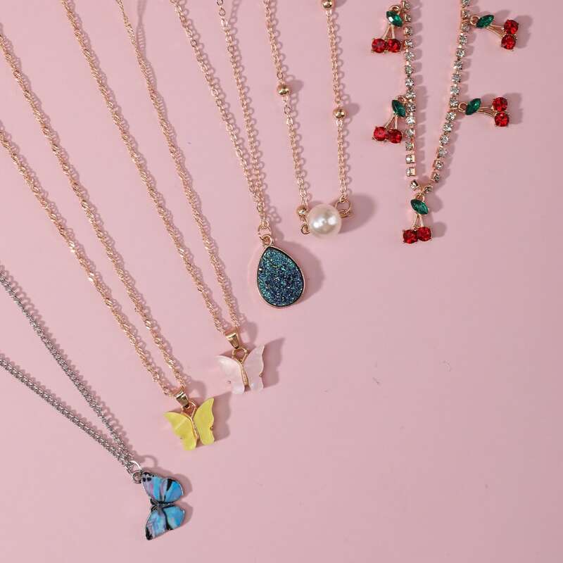 

6pcs Butterfly & Cherry Pendant Necklace, Multicolor