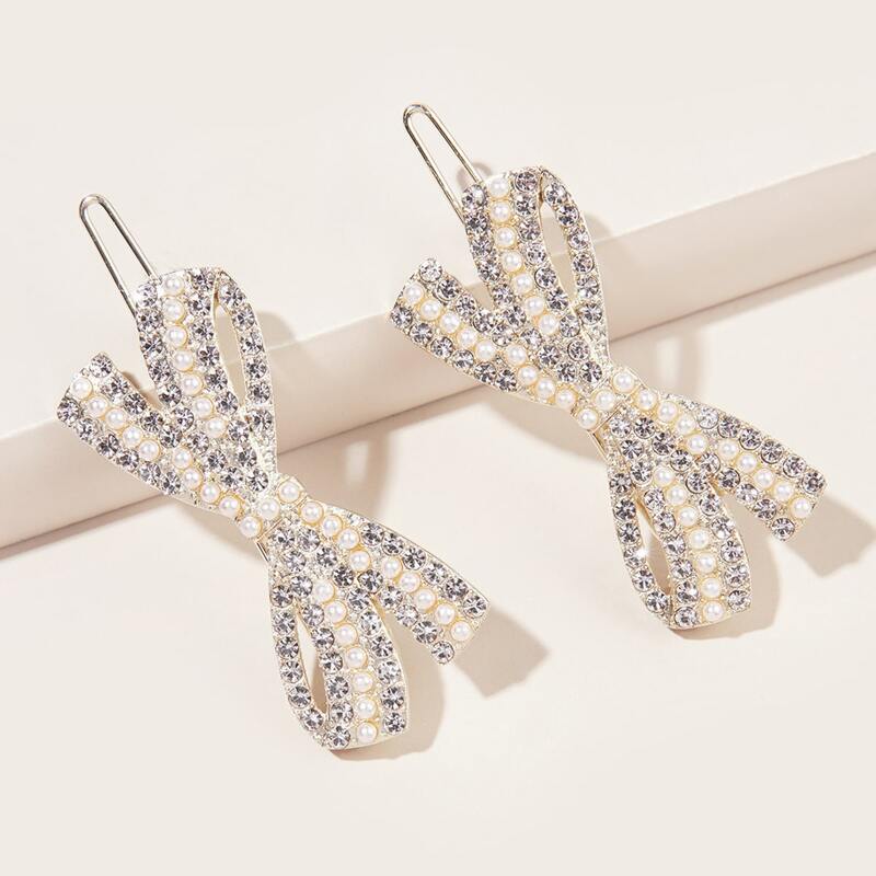 

2pcs Faux Pearl & Rhinestone Bow Decor Hair Clip, Multicolor