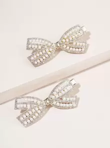 2pcs Metallic Alligator Hair Clip Hairpins With Bowknot, Rhinestone Decor, Faux Pearl, Sweet/Cool/Ins Style, Suitable For Clamping Side Bangs Elegant,Y2k Valentine's Day Valentines Claw Clips Hair Claws Hair Barrettes, School Stuff, College, Pearl Hair Accessories
