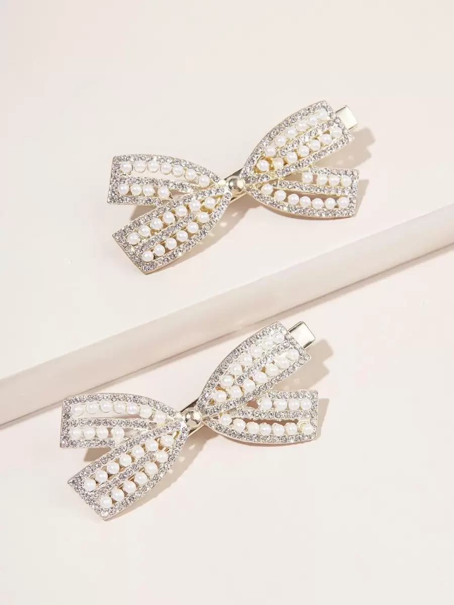 2pcs Metallic Alligator Hair Clip Hairpins With Bowknot, Rhinestone Decor, Faux Pearl, Sweet/Cool/Ins Style, Suitable For Clamping Side Bangs Elegant,Y2k Valentine's Day Valentines Claw Clips Hair Claws Hair Barrettes, School Stuff, College, Pearl Hair Accessories