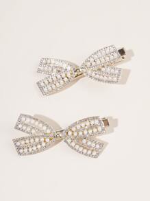 2pcs Metallic Alligator Hair Clip Hairpins With Bowknot, Rhinestone Decor, Faux Pearl, Sweet/Cool/Ins Style, Suitable For Clamping Side Bangs Elegant,Y2k Valentine's Day Valentines Claw Clips Hair Claws Hair Barrettes, School Stuff, College, Pearl Hair Accessories