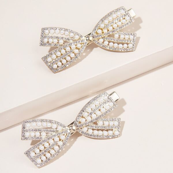 

2pcs Faux Pearl & Rhinestone Bow Decor Hair Clip, Multicolor