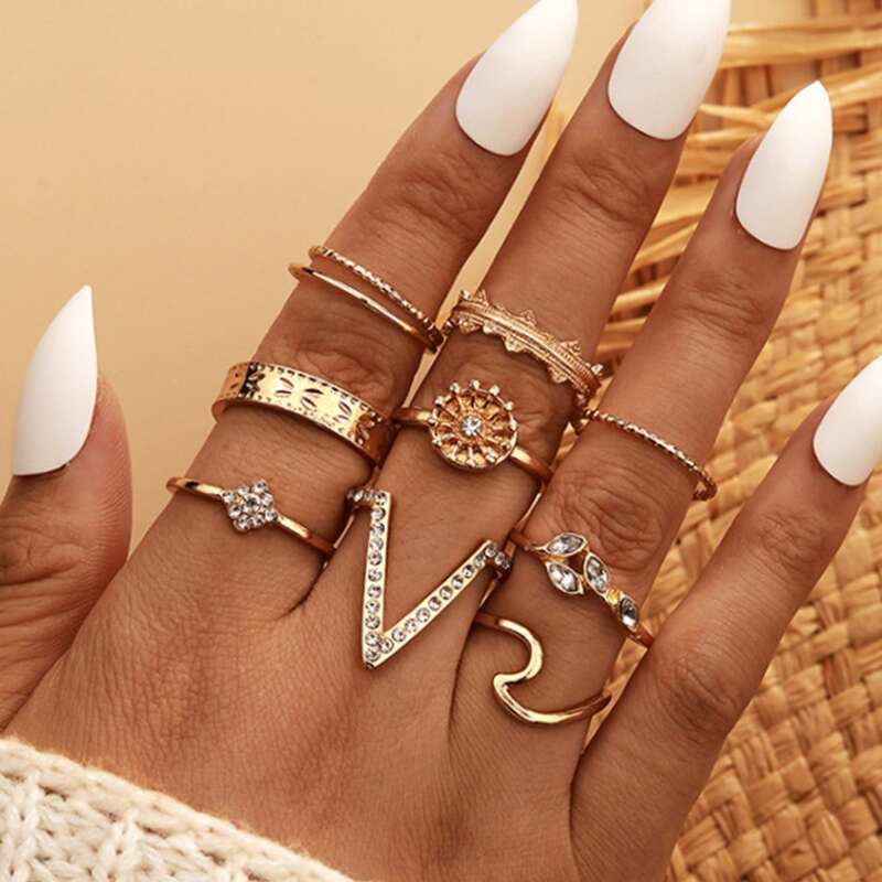 

9pcs Rhinestone Ring, Gold