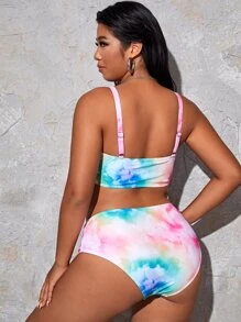 Plus Size Tie Dye High Waisted Bikini Set Summer Beach - Multicolor - View 2