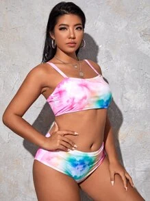 Plus Size Tie Dye High Waisted Bikini Set Summer Beach - Multicolor - View 4