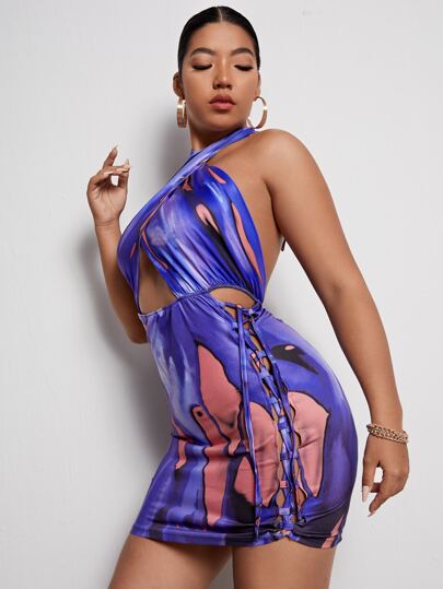 فستان ضيق مكشوف الظهر مقصوص بالوان متجانسة مقاس كبير