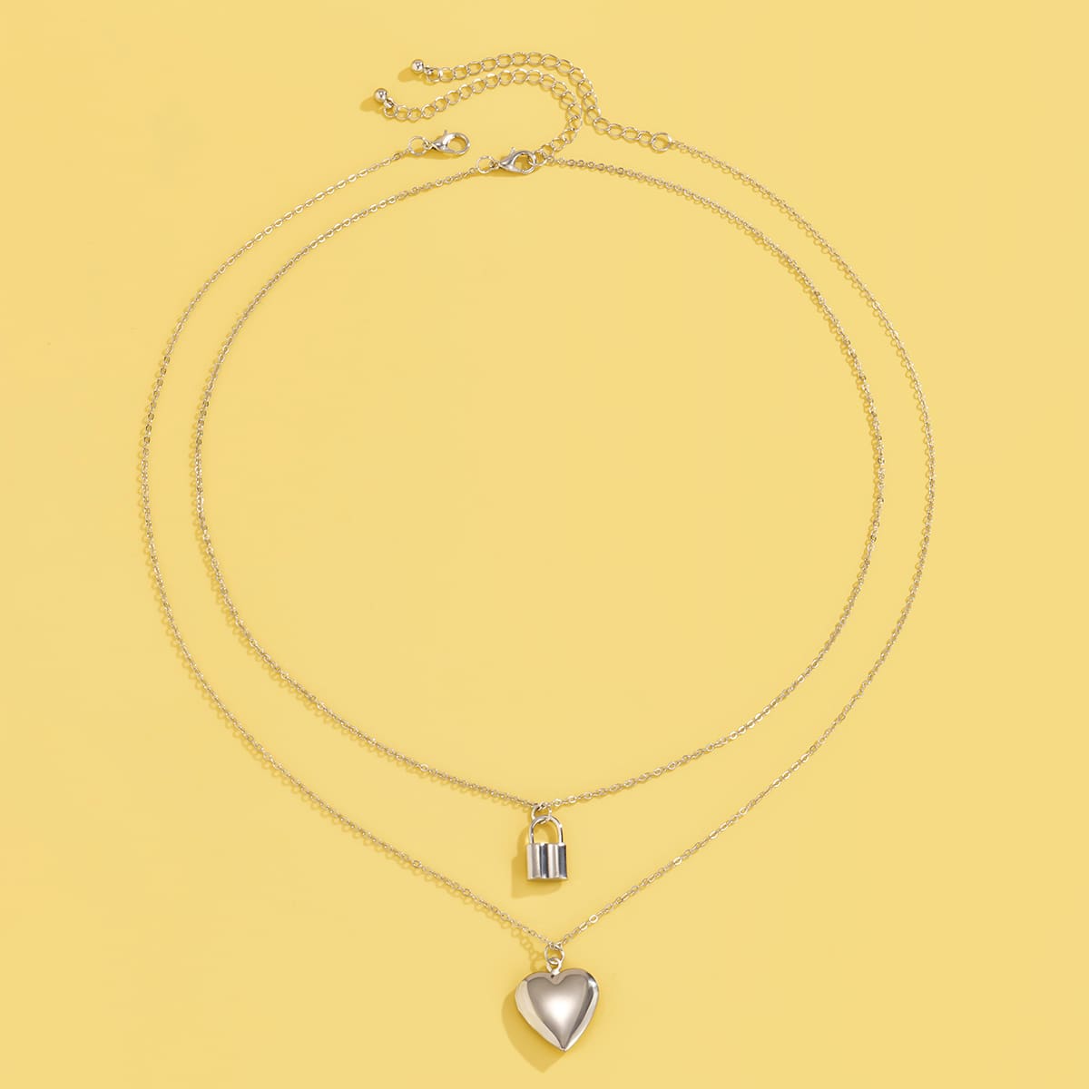 

2pcs Heart & Lock Pendant Necklace, Silver