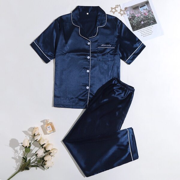 

Satin Contrast Binding Pocket Front Night Set, Navy blue