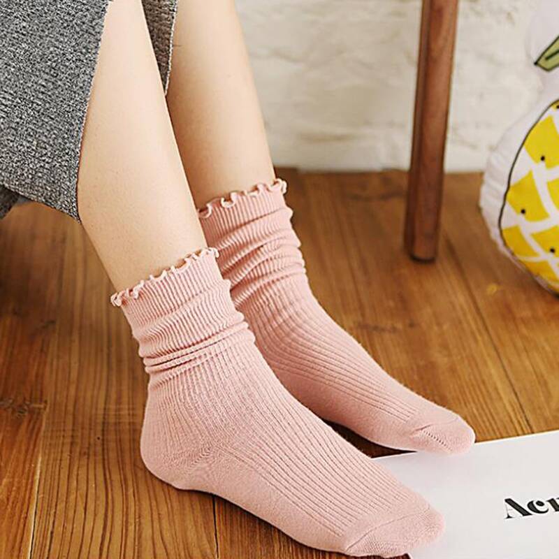 

1pair Solid Lettuce Trim Socks, Pink
