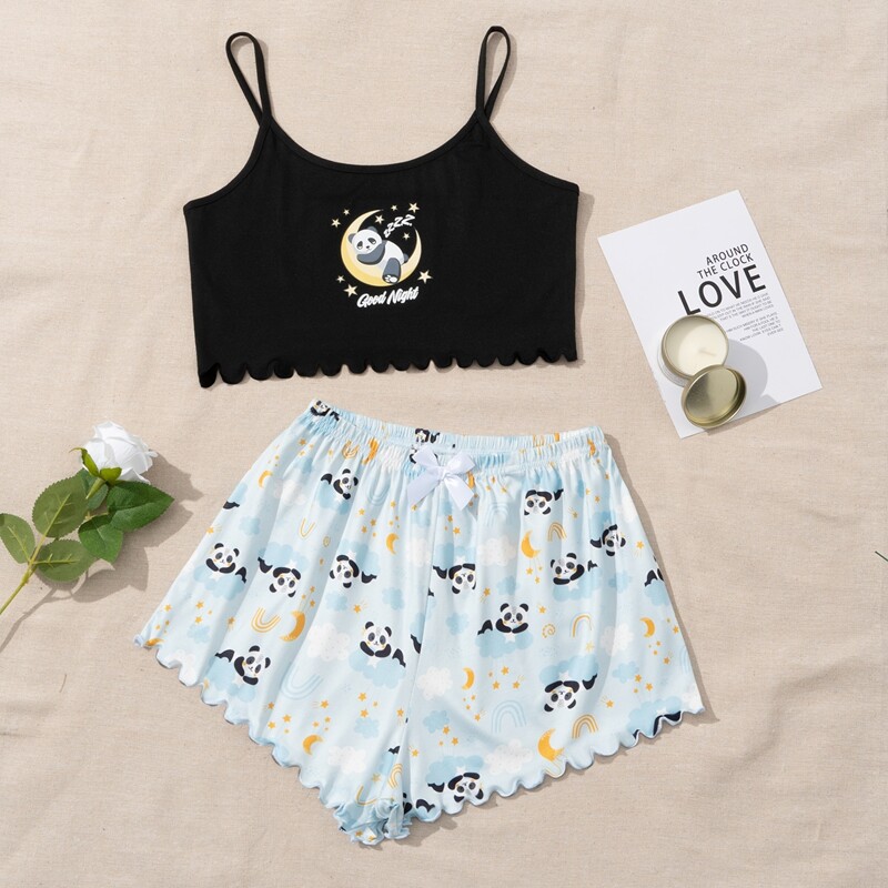 

Cartoon Graphic Scallop Cami Top & Bow Shorts PJ Set, Multicolor