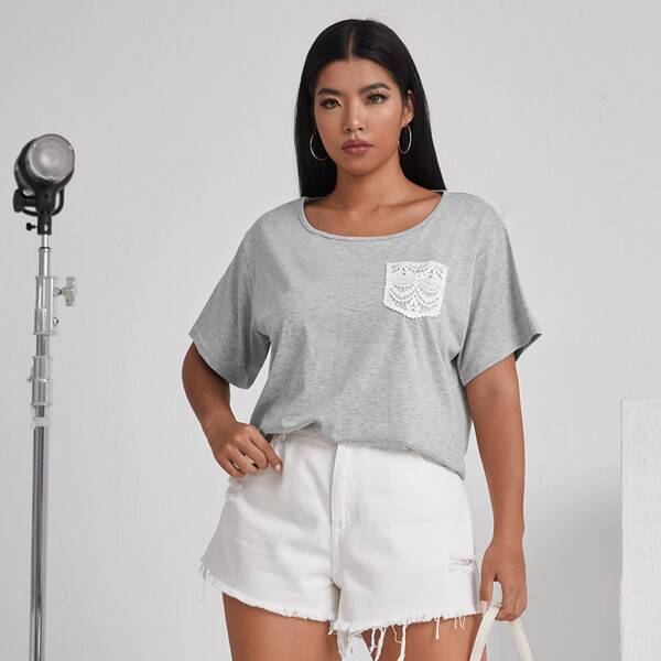 

Plus Lace Trimed Scoop Neck Tee, Grey
