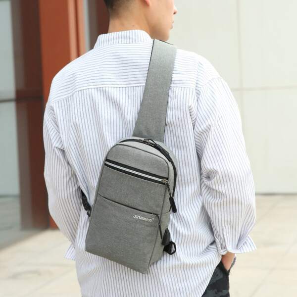 

Men Letter Graphic Sling Bag, Grey