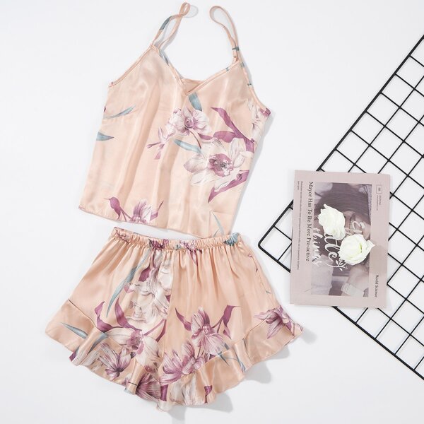 

Floral Print Ruffle Hem Satin Night Set, Baby pink