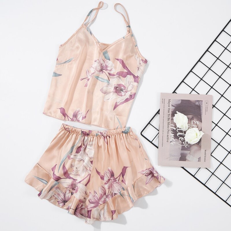 

Floral Print Ruffle Hem Satin Night Set, Baby pink