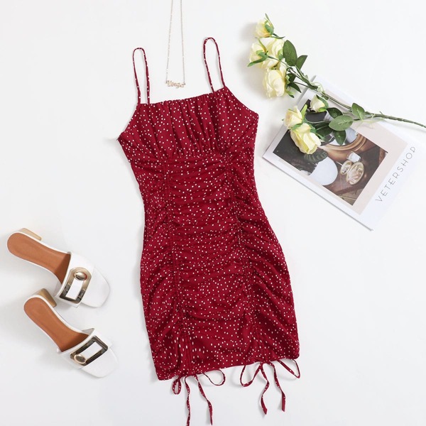 

Polka Dot Drawstring Ruched Detail Dress, Red