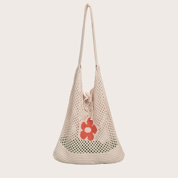 

Floral Graphic Tie Detail Crochet Tote Bag, Apricot