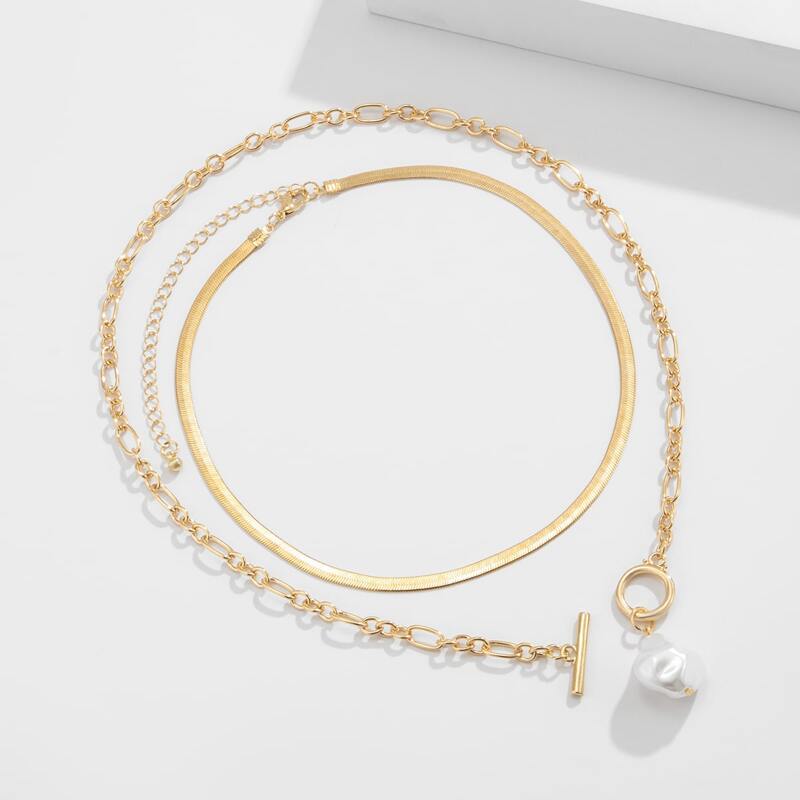 

2pcs Faux Pearl Decor Necklace, Gold