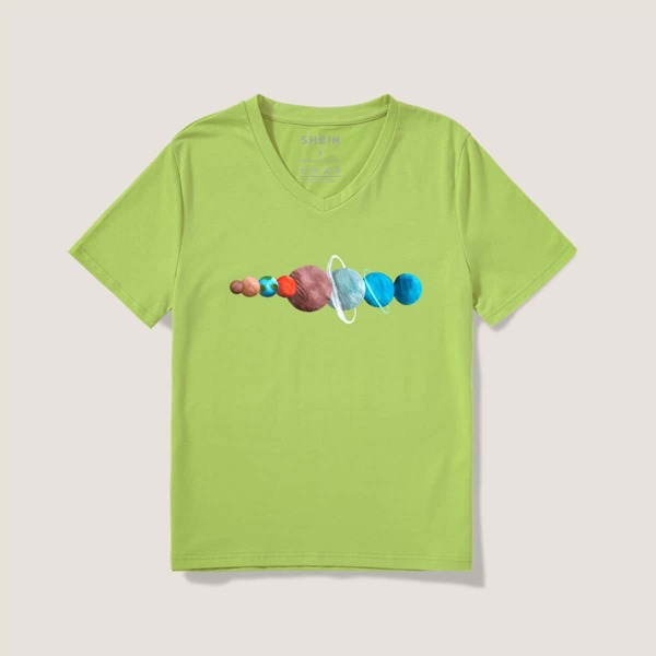 

Planets Print V Neck Tee, Lime green