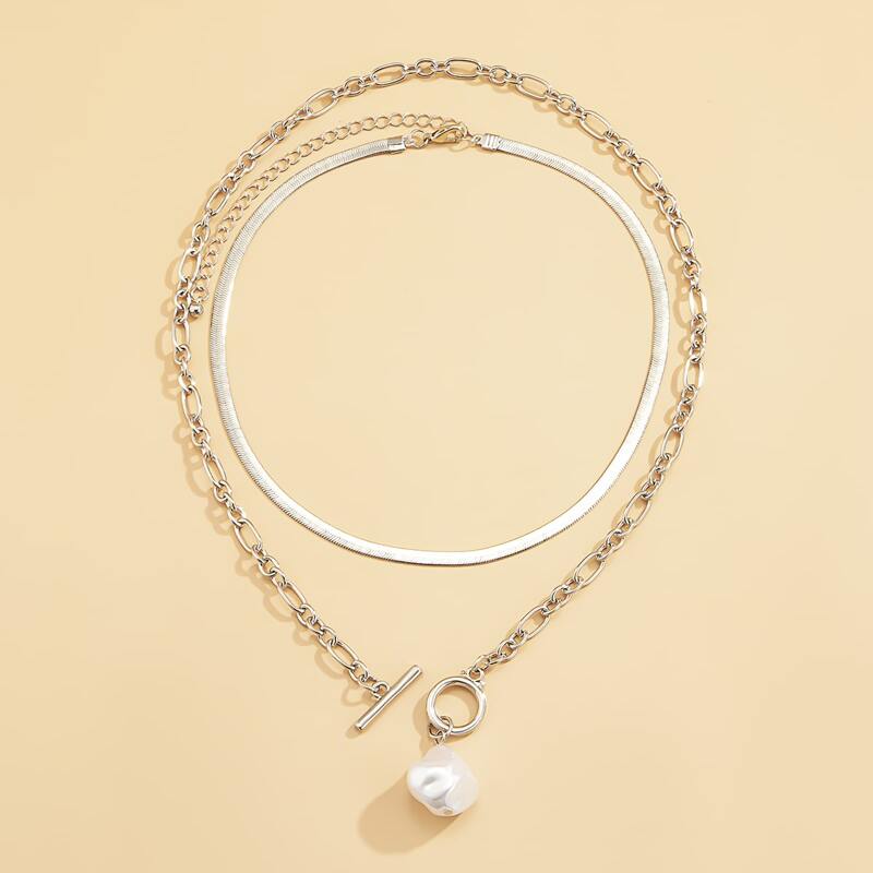 

2pcs Faux Pearl Decor Necklace, Silver