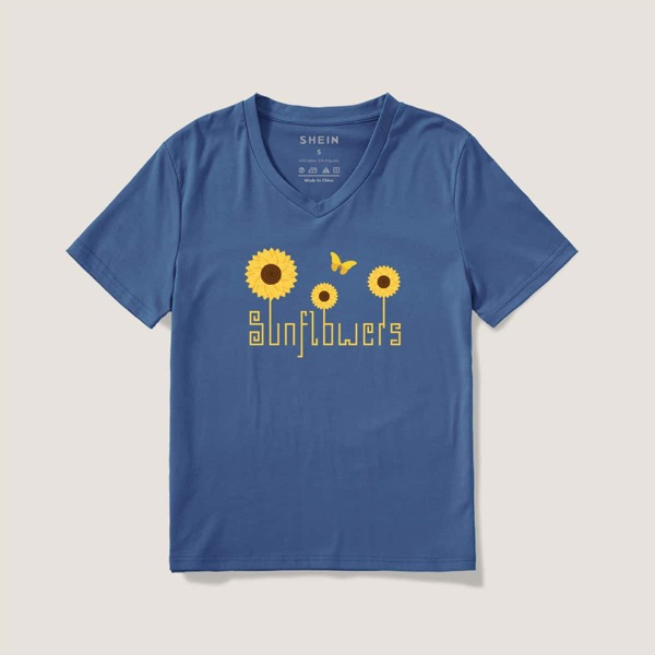 

Sunflower & Letter Graphic Tee, Navy blue