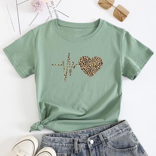 

Leopard Heart Print Tee, Mint green