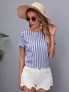 SHEIN Blusas Espalda al aire A rayas Sexy - Azul y blanco - Ver 2