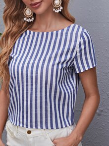 SHEIN Blusas Espalda al aire A rayas Sexy - Azul y blanco - Ver 3