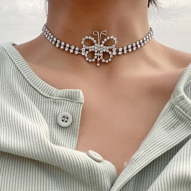 

Rhinestone Butterfly Necklace, Silver