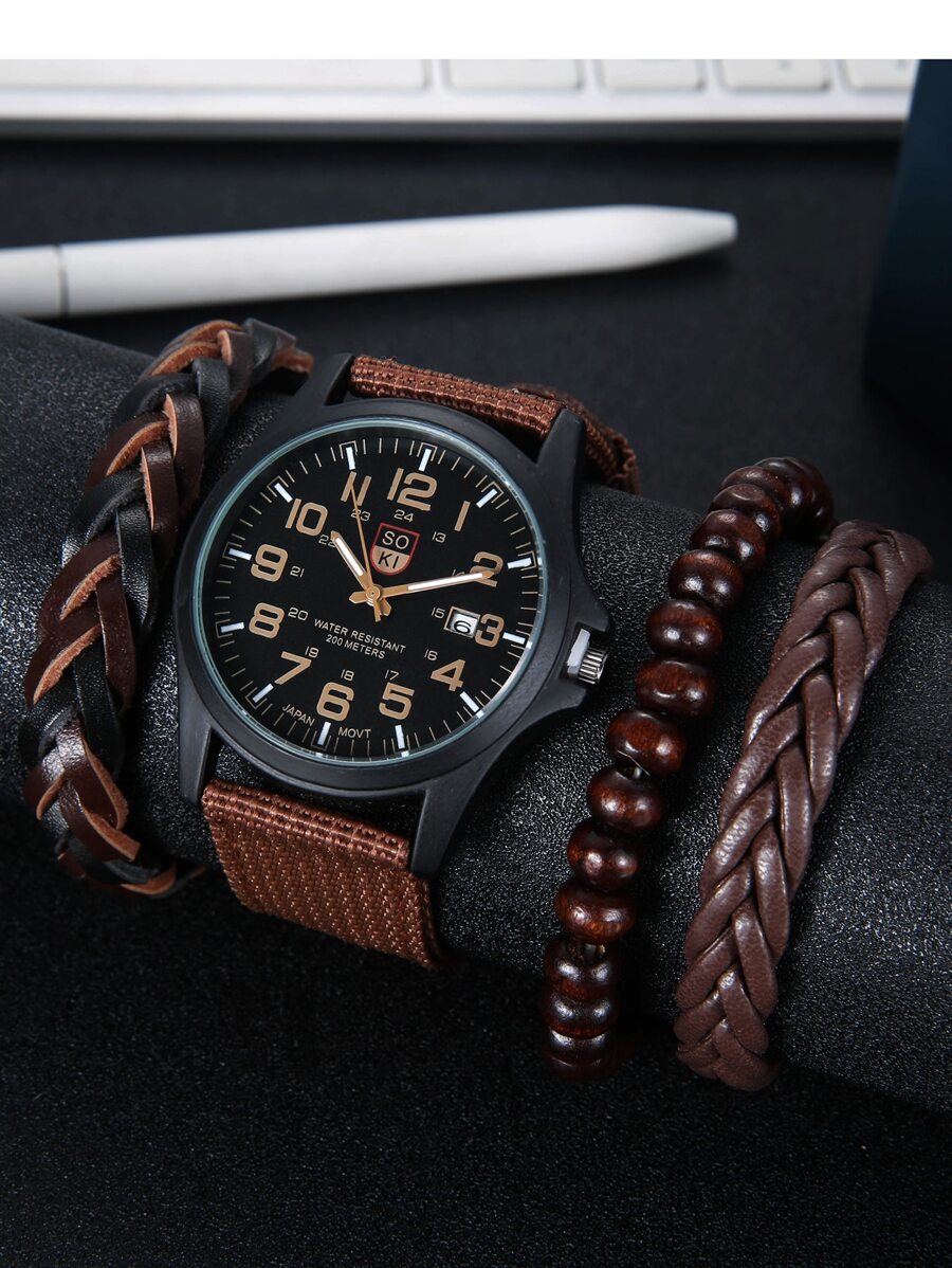 1入組男士尼龙帶石英手錶和3入組手鐲 - 黑色 - 查看 1