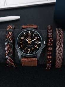 1入組男士尼龙帶石英手錶和3入組手鐲 - 黑色 - 查看 2