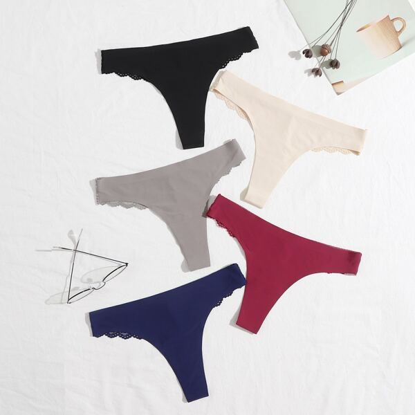 

5pack Contrast Lace No Show Thong Set, Multicolor