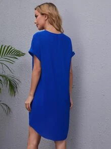 SHEIN LUNE V-neck Cuffed Sleeve High-low Hem Dress - Royal Blue - View 2