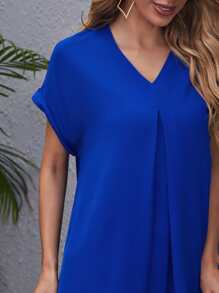 SHEIN LUNE V-neck Cuffed Sleeve High-low Hem Dress - Royal Blue - View 3