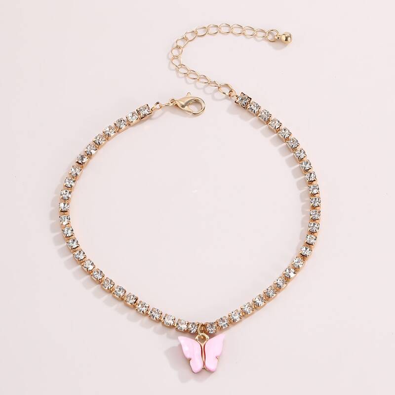 

Butterfly Rhinestone Anklet, Baby pink