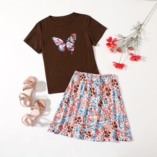 

Girls Butterfly Print Tee With Ditsy Floral Skirt, Multicolor