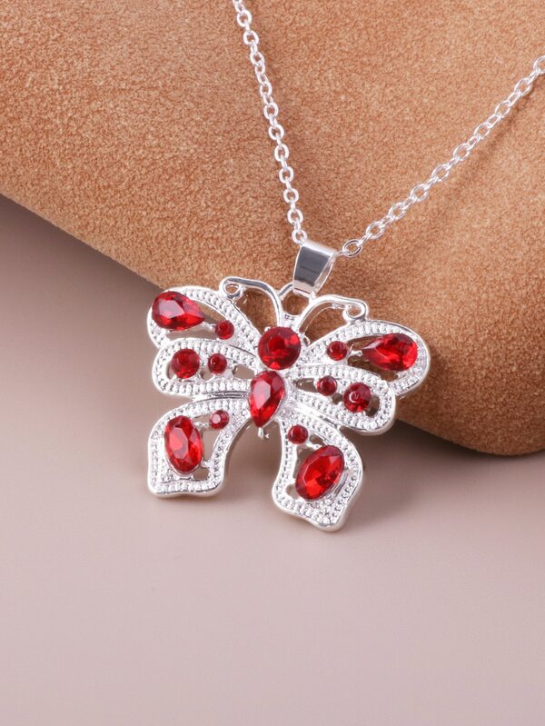 1pc Women's Alloy Silver-Plated Red Glass Rhinestone Inlaid Necklace, Red Butterfly Necklace
