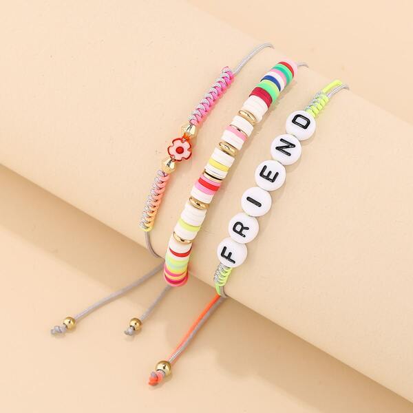 

3pcs Letter Bead Decor Bracelet, Multicolor