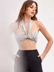 Zolique Top Corto De Cuadros Con Escote Halter Y Lazos Detrás - Blanco y Negro - Ver 1