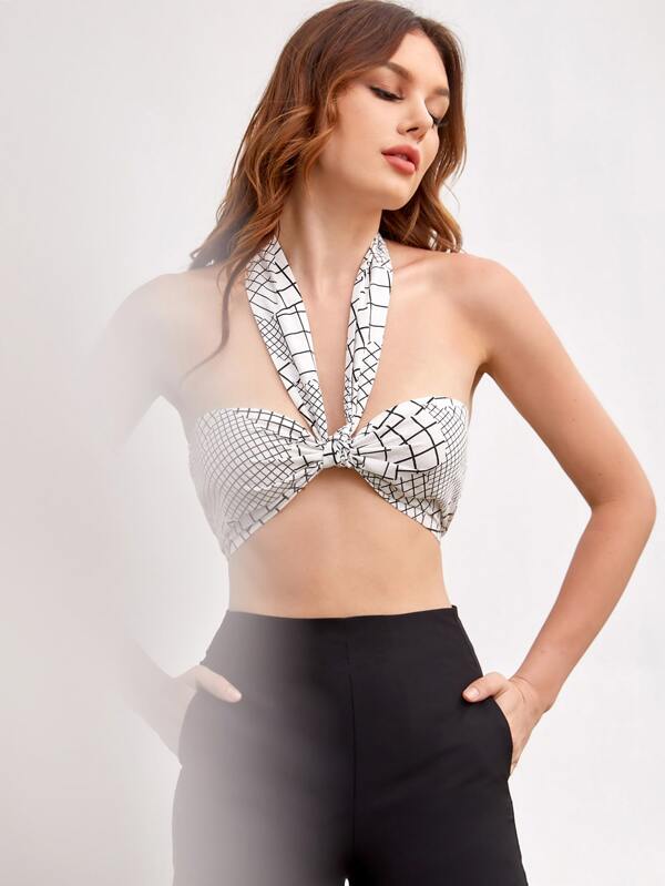 SHEIN Allurite Top crop cu ecou cu cravată cu imprimeu în carouri
