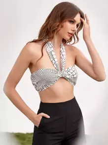 Zolique Top Corto De Cuadros Con Escote Halter Y Lazos Detrás - Blanco y Negro - Ver 3