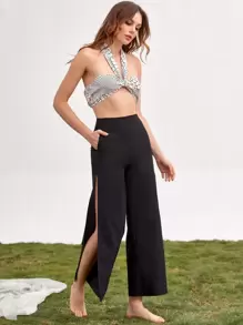 Zolique Top Corto De Cuadros Con Escote Halter Y Lazos Detrás - Blanco y Negro - Ver 4